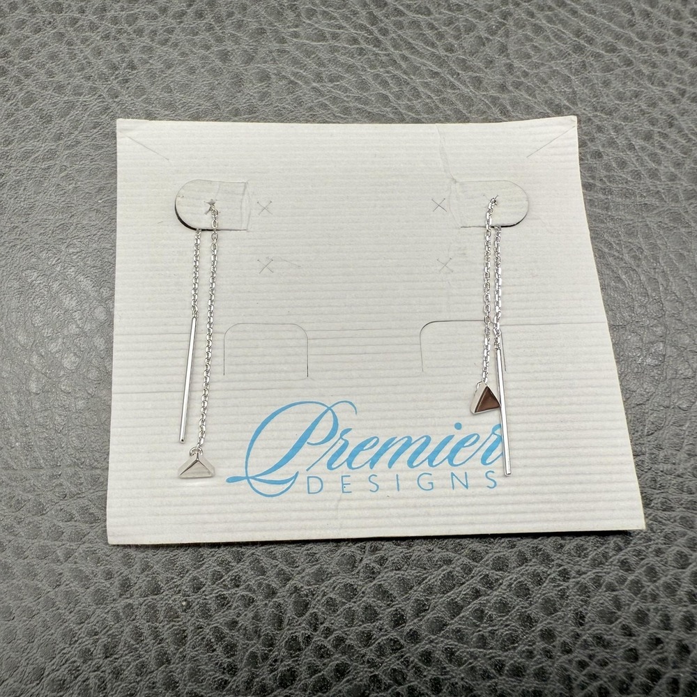 Premier Designs Earrings Threader Drop Geometric Triangle Bar Silver Tone 2"
